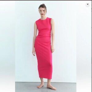Zara round neck sleeveless rushed sides midi dress Size L NEW WITH TAG!